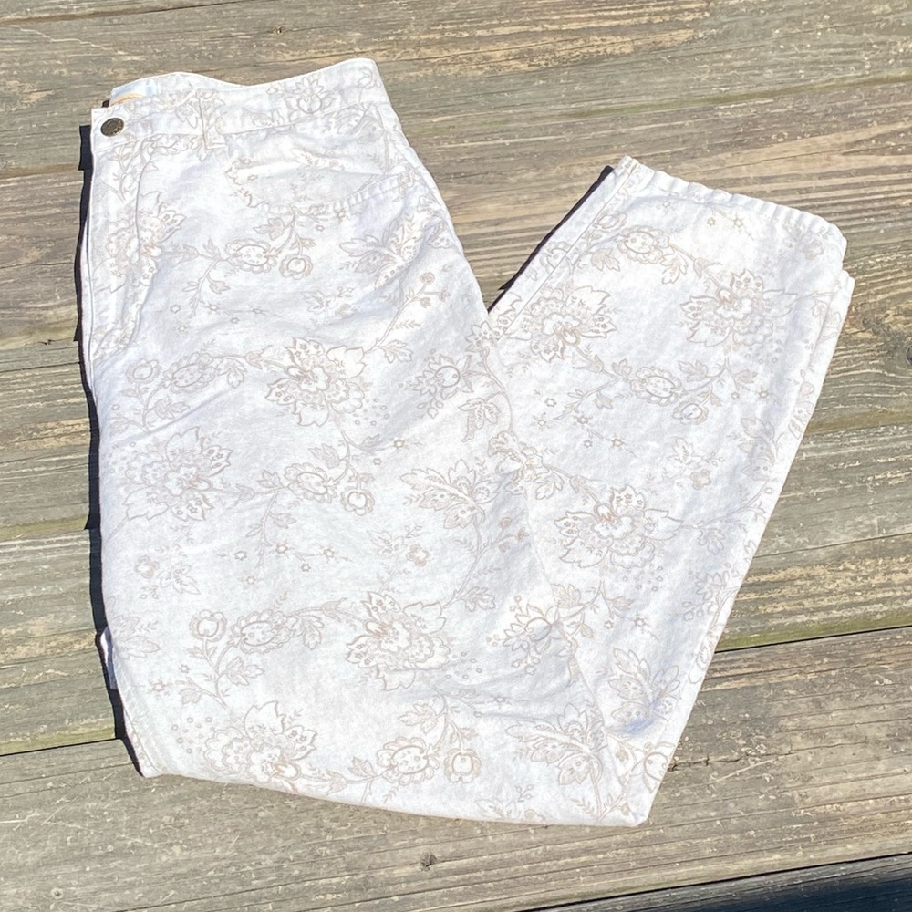Talbots linen cotton blend jeans oatmeal color floral design size 12 high waist